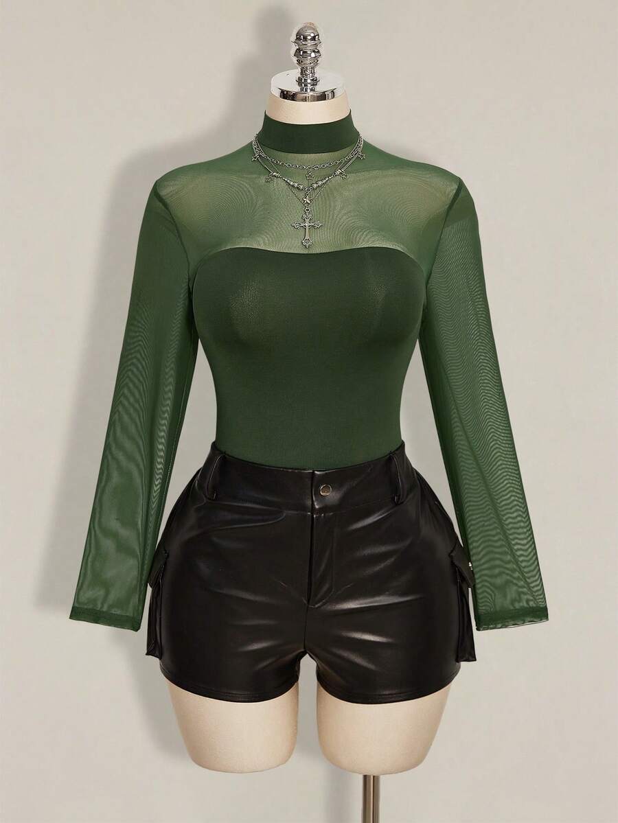 SHEIN ICON Plus Size Y2K Sexy Mesh Patchwork Bodysuit - Green - View 1