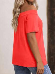 EMERY ROSE New Neon Red Casual Off-Shoulder Short Sleeve Plus Size T-Shirt - Red - View 2