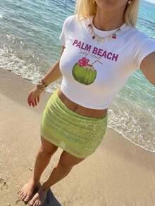 Sundraya Women's Casual Coconut Letter Print Cropped T-Shirt, Summer - White - View 3