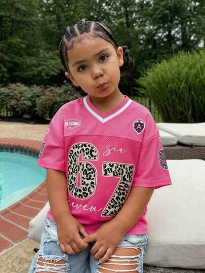 SHEIN 女童宽松V领数字豹纹T恤