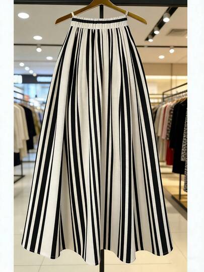 Franclia Chân váy nữ kẻ sọc cạp chun, kiểu dáng thường ngày, đa năng.