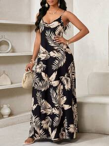 SHEIN Lady 女士热带植物印花口袋连衣裙，度假风 - 彩色 - 查看 6