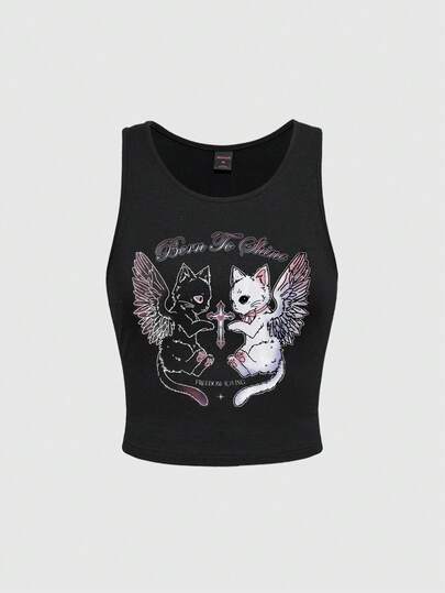 ROMWE Gothic Cute Cat Heart Wing Cross Graphic Plus Size Black Tank Top