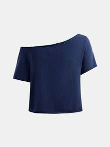 SHEIN Girlism Teen Girls 2 Piece Outfit,Navy Asymmetrical Shoulder Slogan T-Shirt & Slouchy Pants Set,Back-To-School Autumn Streetwear Holiday Casual Gym Clothes - Royal Blue - View 13