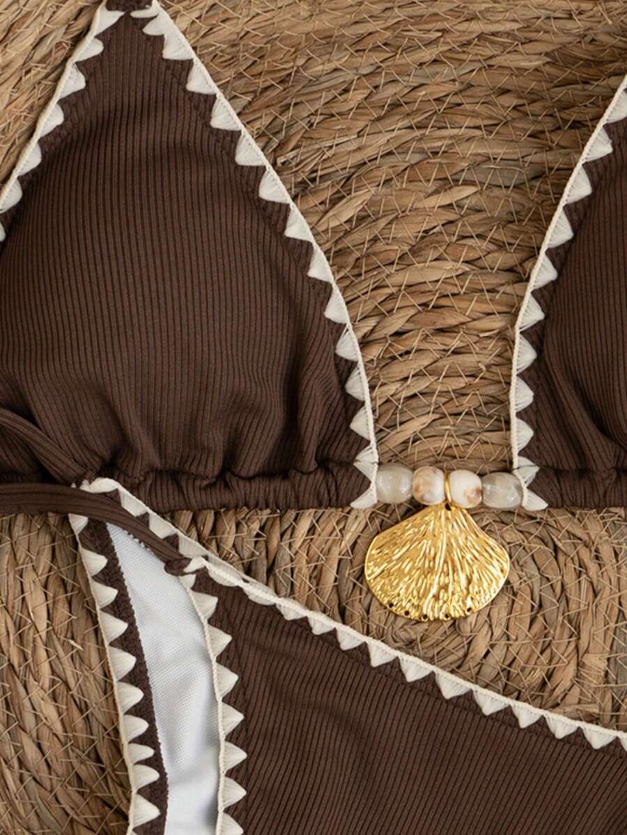 Swim Chiccia Bộ bikini hai mảnh cổ yếm mùa hè dành cho nữ, thích hợp cho kỳ nghỉ biển. - màu nâu - Xem 1