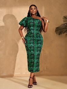 Lunelith SHEIN Lunessa Women's Summer Fashionable Vacation Style All-Over Print Flutter Sleeve Fitted Dress - Green - View 4