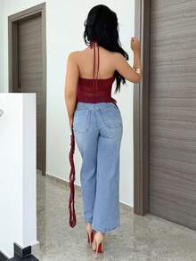 Vassilux Women's Sexy Halter Neck Chiffon Blouse,Sexy Tops - Burgundy - View 2