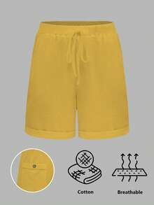 SHEIN LUNE CURVE Plus Size Washed Cotton Cinched Waist Backpocket Button Decor Cropped Women Shorts - Yellow - View 3