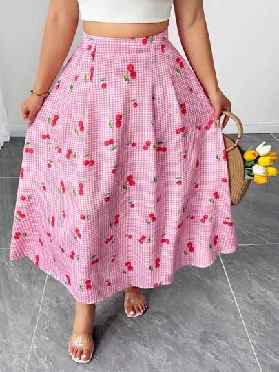 Elenzga Plus Size Women Cute Cherry Print Versatile A-Line Skirt
