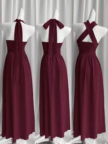 Rafferiza Women's Solid Color Halter Deep V-Neck Ruffle Hem Elegant Waist Cinched Long Dress, Suitable For Dates And Parties - Burgundy - View 2