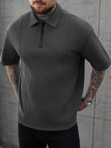 Manfinity Homme 大尺碼男士拼接設計 Polo 衫，深灰色，夏季休閒度假款，時尚四分之一拉鍊高爾夫襯衫，短袖拉鍊領上衣，正式風 - 灰色 - 查看 6