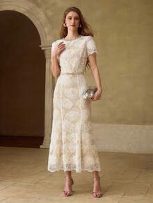 MOTF PREMIUM LACE JACQUARD RHINESTONE DETAIL DRESS - Apricot - View 1