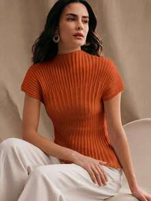 Anewsta Asymmetric Hem Fitted Knit Top, Versatile Commuter Chic Minimalist Style, Spring/Summer - Orange - View 2