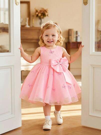 SHEIN Glamorique Kids 女婴蝴蝶结刺绣网纱连衣裙，粉色，适合生日派对、婚礼、节日、舞会等场合