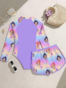 新款时尚女童泳衣套装，连体泳衣带短裤，前拉链，两件套泳装 - 彩色 - 查看 3