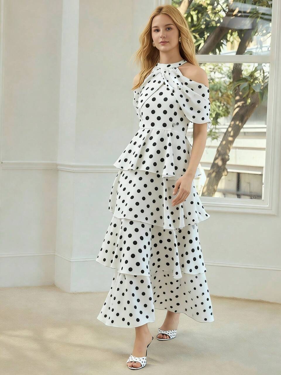 MOTF WOMEN'S ELEGANT POLKA DOT MID-LENGTH DRESS