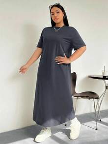 SHEIN EZwear Deep Grey Casual Long T-Shirt Dress, Plus Size - Dark Grey - View 7
