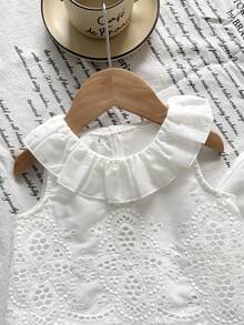 SHEIN LMoss Kids 女嬰 Baby Girl 針織純色刺繡圓領荷葉邊背心上衣與長褲 2 件套 - 白色 - 查看 3