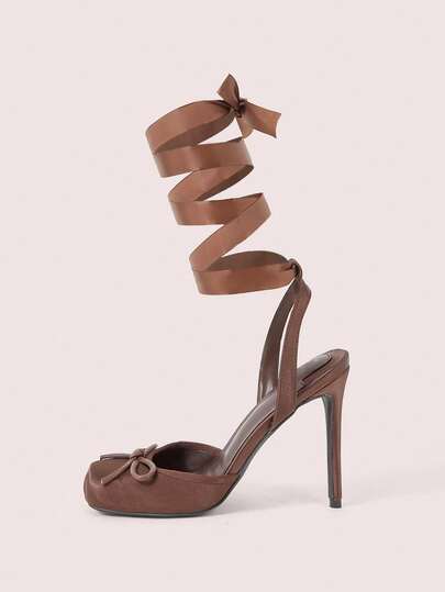 CUCCOO DOLLMOD Ladies Brown Elegant Sweet Cute Versatile Date Wear Birthday Party Wear Bow Decoration Square Toe Ballet Shoes Stiletto High Heel Shoes