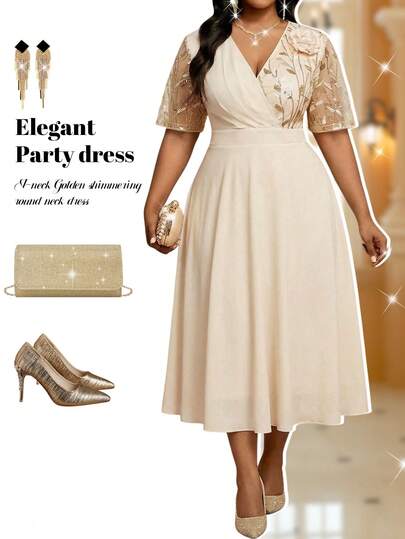 Fleurora Plus Size Women Sequin Embroidered Mesh Short Sleeve Elegant Dress