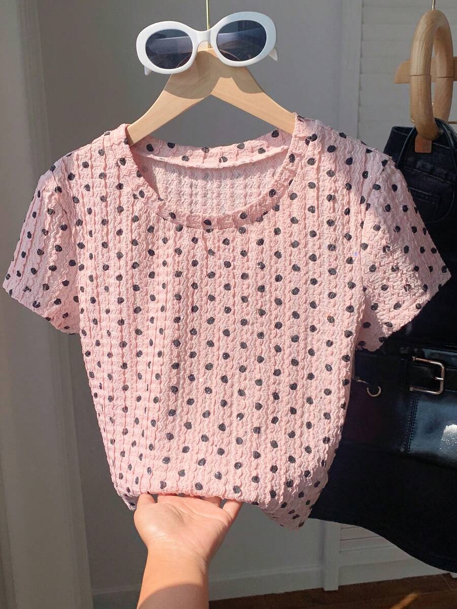 Comfortcana Kaos Wanita Rajut Bergaris Warna-warni, Atasan Merah Muda - Berwarna merah muda - View 1
