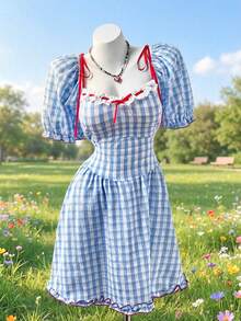Sweetra Plus Size Summer Countryside Style Waist Cinching Sweet Floral Patchwork Square Neck Bow Tie Short Sleeve Dress - Blue and White - View 5