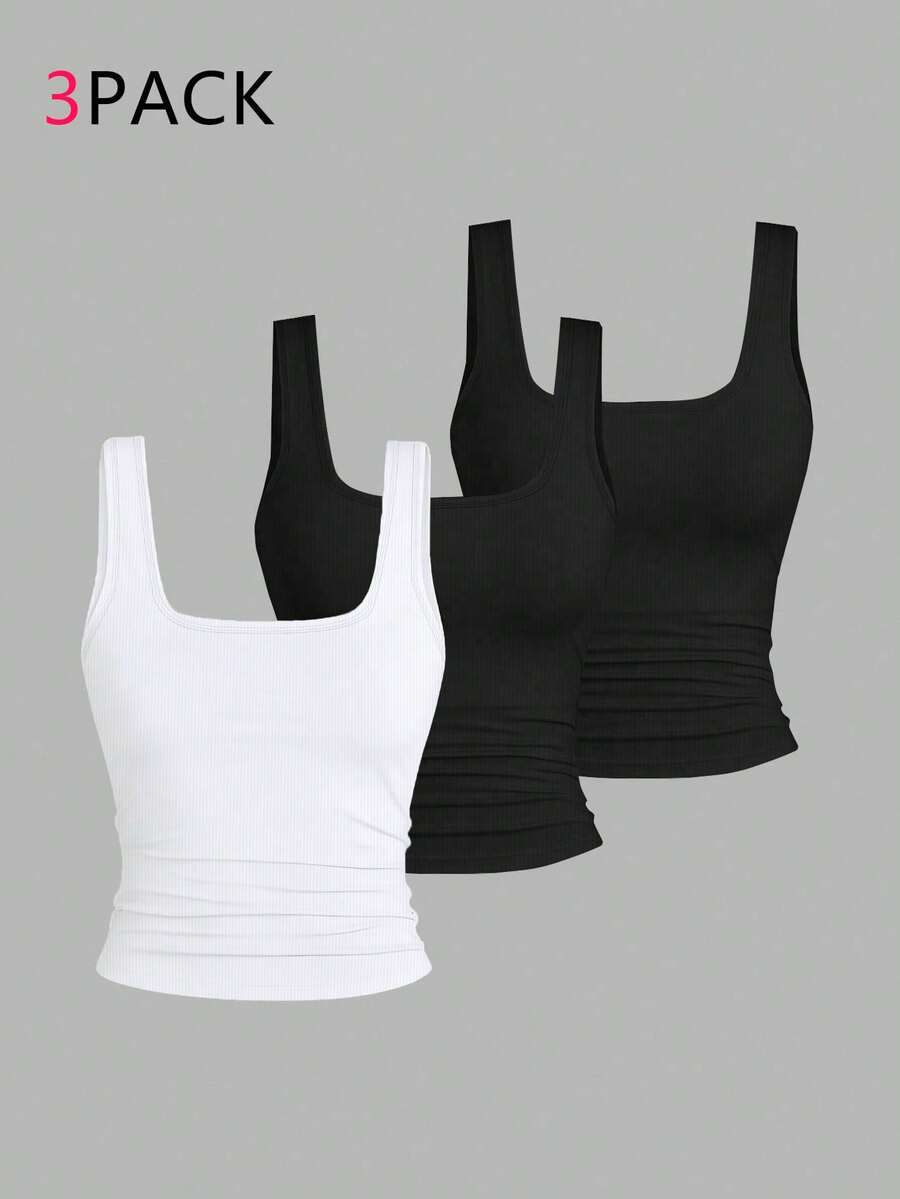 EMERY ROSE 3pcs Plus Size Women's Casual Solid Color & Full Printed Pattern Sleeveless Vest Set, Summer - Multicolor - View 1