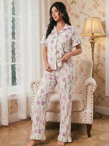 Modelyn 女士花卉印花泡泡纱翻领单排扣短袖上衣和裤子睡衣套装，春夏 - 彩色 - 查看 3