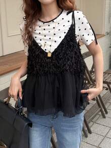 FRIFUL 女士黑色无袖拼接绒面褶皱设计宽松休闲百搭叠穿背心，秋季款 - 黑色 - 查看 6