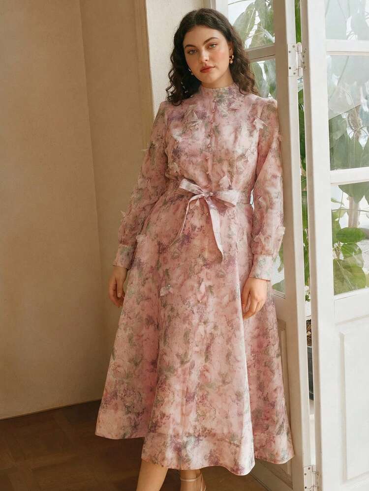 Spring/Summer New Plus Size Women's Elegant Ditsy Floral Long Sleeve Ruffle Trim Pearl & Rhinestone Decor Waist Slimming Long Dress