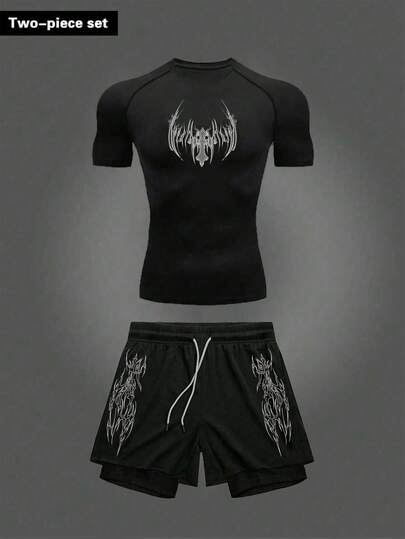 RISE LYT Conjunto deportivo de camiseta de manga corta tipo raglan y pantalones cortos con cordón de cintura y efecto de dos piezas, transpirable y cómodo para hombre en verano