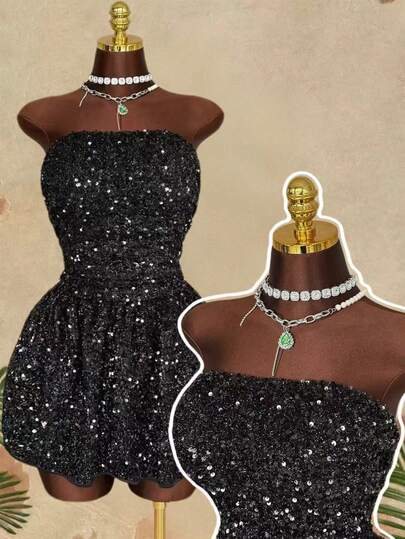 Sunspun Plus Size Sequin Strapless Dress, Off Shoulder Backless Tie-Up Short Dress