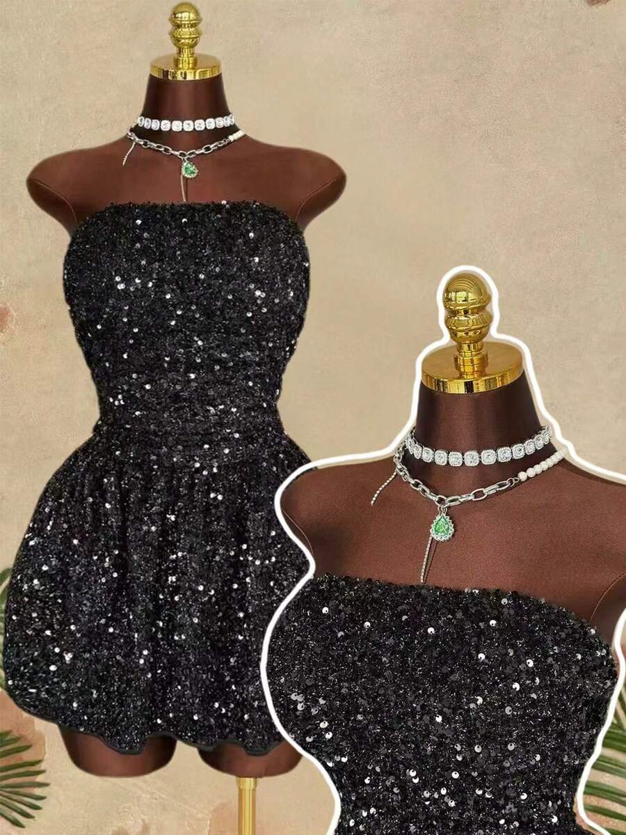 Sunspun Plus Size Sequin Strapless Dress, Off Shoulder Backless Tie-Up Short Dress - Black - View 1