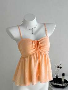 Sweetra Áo hai dây màu hồng trơn dễ thương dành cho nữ, chất liệu vải xếp ly, thích hợp cho mùa hè. - trái cam - Xem 5