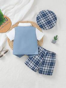 Souflis Souflis 男童绅士学院风二合一短袖休闲格子套装，含领结和帽子 - 藍色 - 查看 2