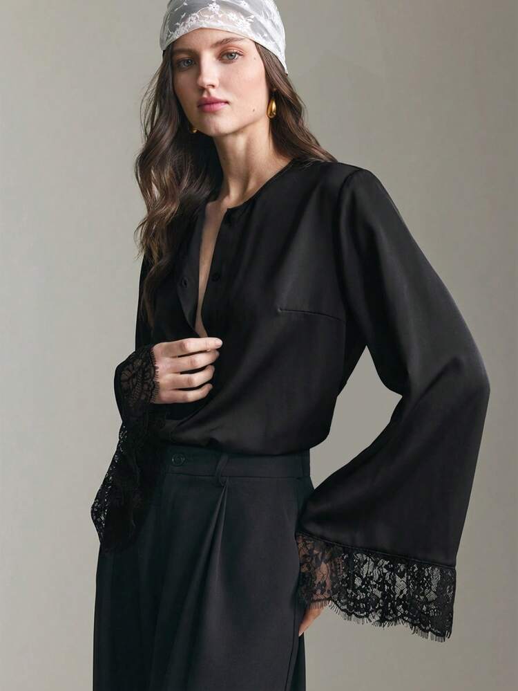 Soft, Skin-Friendly Matte Cracked Fabric Fitted Silhouette Dropped Shoulder Long Sleeve Front Partial Placket Lace Trim Accent Decor Modern Elegant Wedding Guest Outfit, Minimalist Romantic French Luxe Urban Chic Business Casual Office Wear, Low-Key Old Money Vibe High-End City Commute High-Quality Airport Outfit, Cruise Ship Essential, Middle East Must-Have Versatile All-Season Wedding Series Women Top Bohemian Style Vacation Outfits Seaside Women's Clothing, Country Music Concert Style, Black
