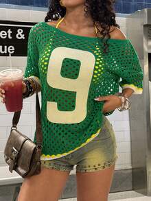 StreetHx Streetwear Women Solid Color Hollow Out Embroidered Digit Short Sleeve Knit Top - Green - View 5