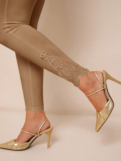 Amorya Women's Casual Elastic Solid Color Patchwork Lace Leggings Yellow Trouser Yellow Pants Women Zenske Pantalone Yoga Capri Pants