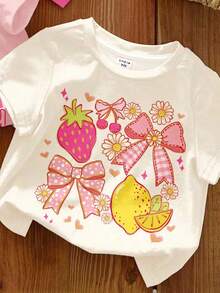 SHEIN LMoss Kids Set de 3 camisetas de manga corta y cuello redondo para niñas bebé, con estampados de frutas de verano, moños, cerezas, limones y fresas, en colores rosa, crema y blanco, ideales para primavera/verano, uso en casa, vacaciones y escuela - Multicolor - Ver 3
