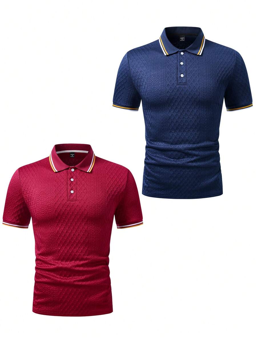 Manfinity Homme 2pcs Men's Knitted Jacquard Texture Solid Color Ribbed Collar Polo Shirt Set - Multicolor - View 1