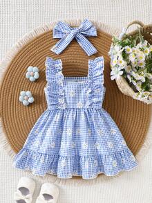 SHEIN Newborn Baby Girls' Summer Dress In Dusty Blue,Cute Floral Gingham Plaid Knit Outfit,Ruffle Hem Sleeveless Waisted Dress Headband Set Vacation Cute - Multicolor - View 8
