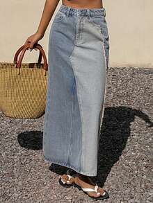 DAZY Patchwork Contrast Color Frayed Hem A-Line Maxi Denim Skirt, Casual Vacation Style For Women, Spring/Summer - Blue - View 3