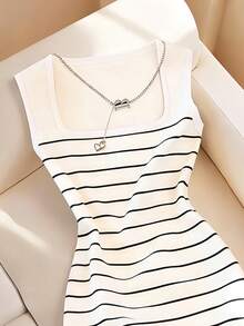 Franclia Đầm nữ không tay cổ vuông in họa tiết kẻ sọc mới, thích hợp cho mùa xuân/hè. - trắng - Xem 3
