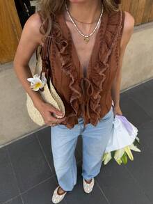 SHEIN Frenchy 女士植物刺绣拼接荷叶边下摆前系带无袖衬衫 - 棕色 - 查看 6