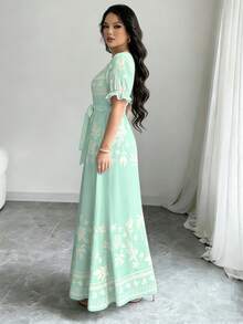 Modelyn 杏色花卉和三角形图案数码印花浅绿色圆领长袖A字连衣裙，女士，春季 - 彩色 - 查看 4