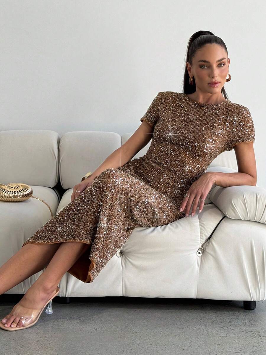 Lavishia 女士奢华亮片连衣裙，优雅假日连衣裙，春夏款 - 卡其色 - 查看 1