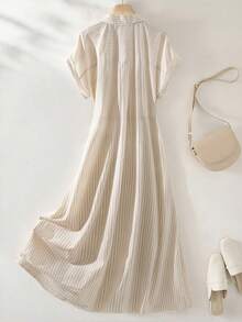 SHEIN Franclia Đầm ngắn tay kẻ sọc nhẹ nhàng dành cho nữ, kiểu dáng cổ điển, thích hợp cho mùa hè. - Màu Khaki - Xem 2