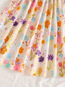 Young Girls Elegant Orange Floral Dress,Summer Boho Vacation Holiday Little Rabbit Print,Thin Shoulder Strap A-Line Ruffle Trim Bow Spring Sun Dress - Orange - View 4