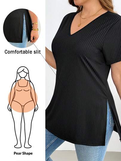 SHEIN Essnce Plus-Size Women's Spring/Summer Fashionable Casual High-Elasticity Comfortable Everyday Basic Versatile Slimming High-Slit Black V-Neck Short-Sleeved T-Shirt,Summer Outfits,Simple Style,Going Out Tops,Black Base Tops.Curve Tops Plus Size Tops Curve Hide Belly Fat Curvy Tops For Women Bodysuits For Women Tummy Control Comfortable Slit Casual Top Comfy Tops With Slits