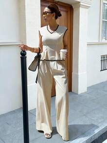 Siren Gaze Women's Summer 2 Pieces Set,Pure Cotton Black And Beige Color-Blocked V-Neck Top&Wide-Leg Pants,Elegant Work Office Casual Business Outfits For Woman - Apricot - View 3